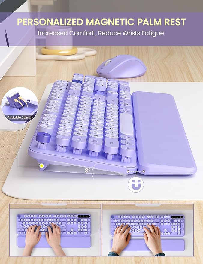 Wireless Keyboard and Mouse Combo - Cute Typewriter Keyboard with Detachable Wrist Rest, Retro Round Keycaps, Foldable Legs, 2.4GHz Full-Size Keyboard for PC, Laptop, Mac, Windows - Trueque (Purple)