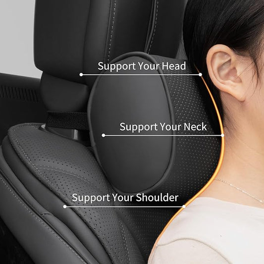 Car Headrest Pillow for Driving - Luxury Leather 100% Memory Foam, Ergonomic Neck Support - Universal Fit Head Rest Travel Pillow for Most Cars, Home & Office, Black, 2 Pack