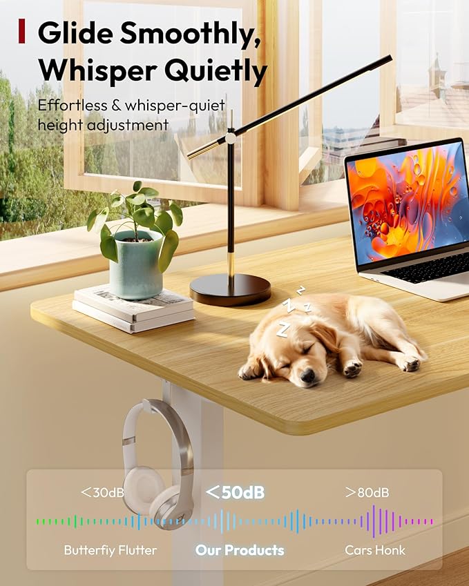 SANODESK Electric Standing Desk 48 x 30 Inches Whole-Piece Desktop Height Adjustable Stand Up Desk w/6-Button Controller Ergonomic Computer Desk for Home Office, White Frame + Natural Tabletop