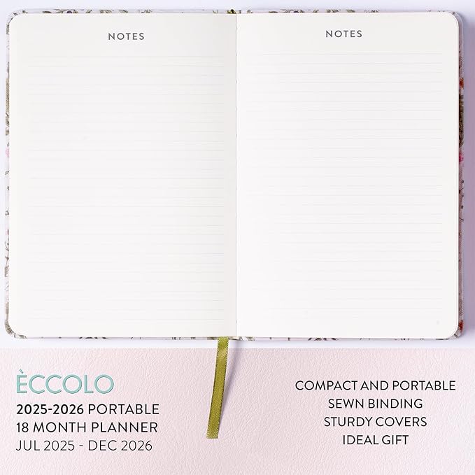 2025-2026 Eccolo 18 Month Linen Botanical Bound Planner, Monthly & Weekly Pages (5.25 x 7.75" - July 2025 - Dec 2026)