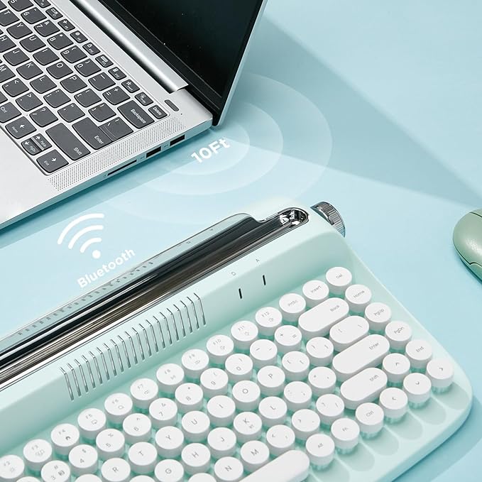 YUNZII ACTTO B303 Wireless Typewriter Keyboard, Bluetooth Connection, Cute Retro Aesthetic Design with Integrated Stand for Tablet, Phone, PC and Win/Mac/Android (B303, Sweet Mint)