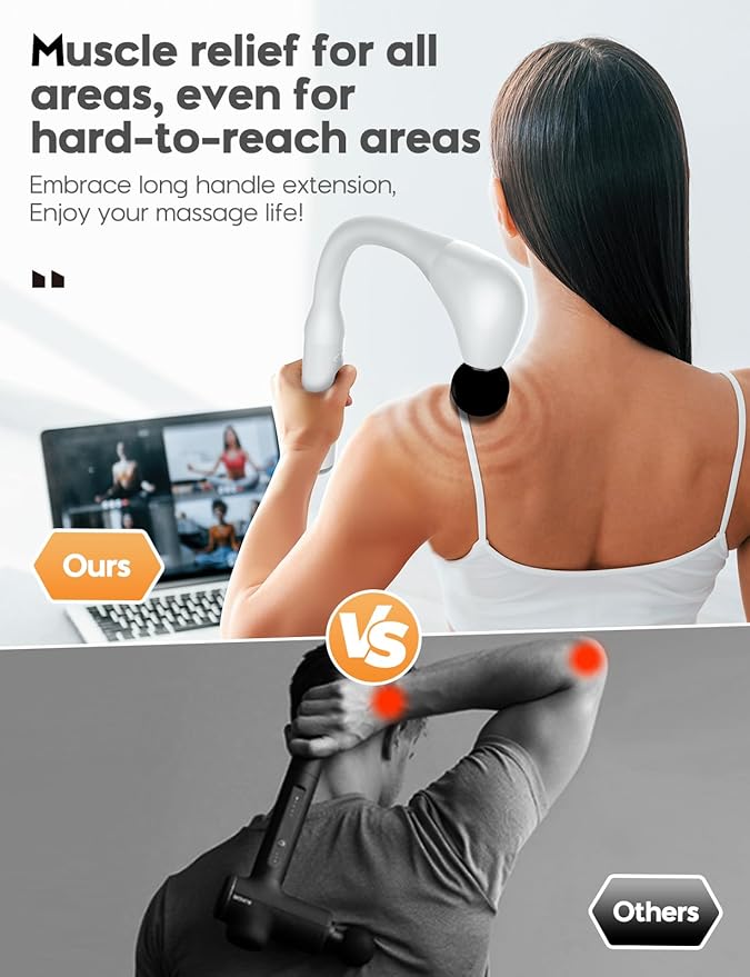 FVZ Massage Gun with Upgraded Extension Handle, 16MM Massage Gun Deep Tissue, Back Massager, Muscles/Neck/Shoulders/Waist/Legs Massager Portable for Pain Relief(White