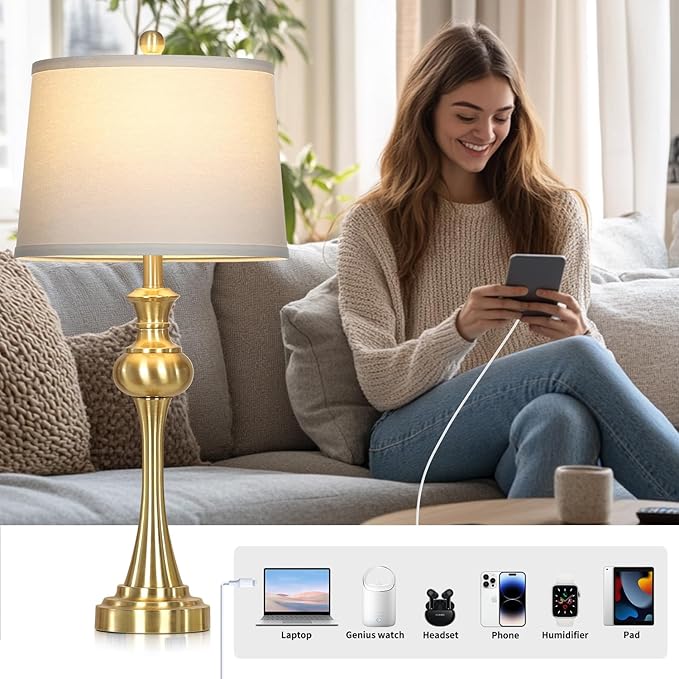 28.75'' Gold Table Lamps for Living Room, 3 Way Touch Control Bedside Lamps with USB A+C Ports & AC Outlets, Modern Metal Nightstand Lamps for Bedroom Living Room Office End Table(Bulb Included)