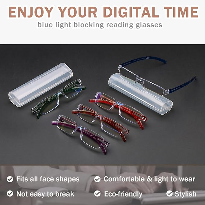 AQWANO 5 Pack Rimless Computer Reading Glasses 1.25 Blue Light Blocking, Lightweight & Comfortable Anti Glare Magnifying Eyeglasses Readers for Women Men, 1.25