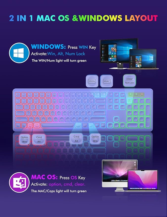 Wireless Keyboard and Mouse Combo, RGB Backlit, Rechargeable & Light Up Letters, Full-Size, Ergonomic Tilt Angle, Sleep Mode, 2.4GHz Quiet Keyboard Mouse for Mac, Windows, Laptop, PC, Trueque(Purple)