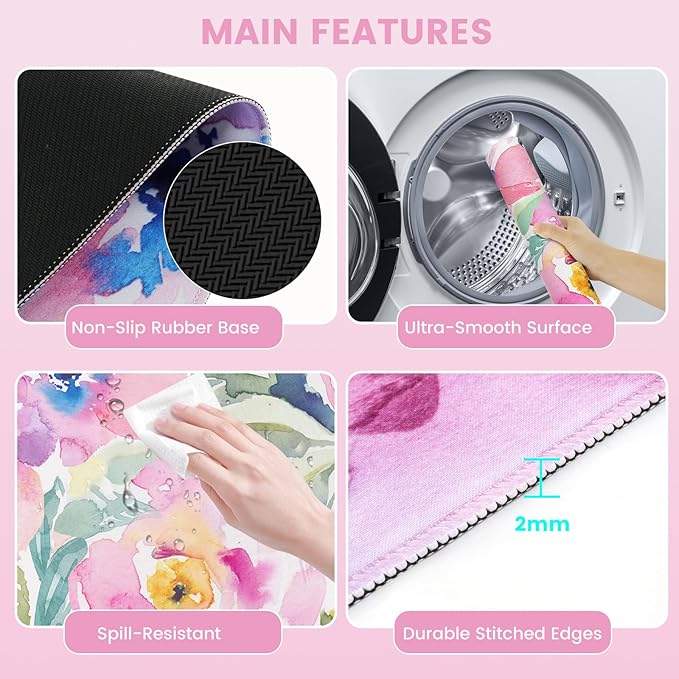 HAOCOO Mouse Pad with Wrist Rest, Large Desk Mat, Ergonomic Keyboard Wrist Support, 4pcs Computer Desk Pad Set with Coaster, Memory Foam Gaming Mousepad for Laptop Girls, Pink Floral