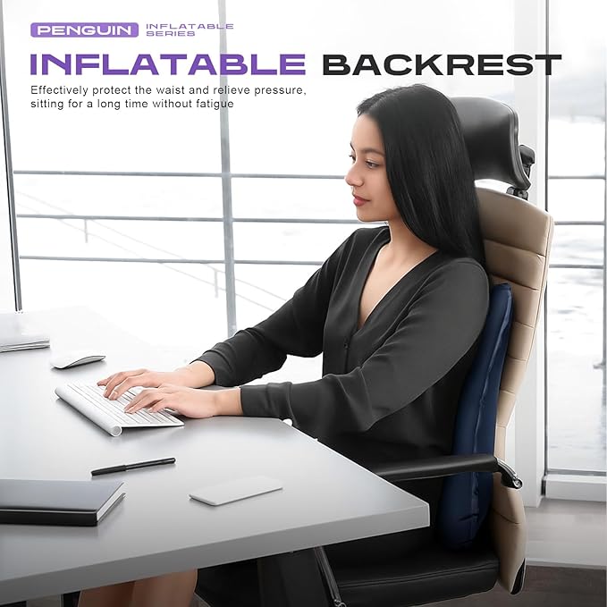 Press-to-Inflate Lumbar Support Pillow for Airplane, Car, Office Chair & Travel, Ergonomic Inflatable Back Cushion for Lower Back Pain Relief, Improve Posture & Portable Comfort, Easy to Carry - Grey