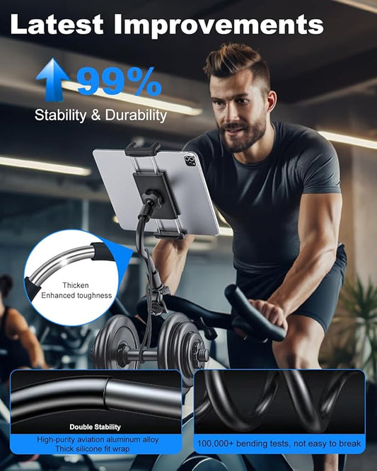 Spin Bike Tablet iPad Holder - Long Arm Gooseneck Tablet Mount Clamp for Indoor Bike Peloton, Treadmill, Wheelchair, Stroller, Exercise Bicycle Clamp for iPad Pro/Air/Mini, 4-13" Tablet Phone