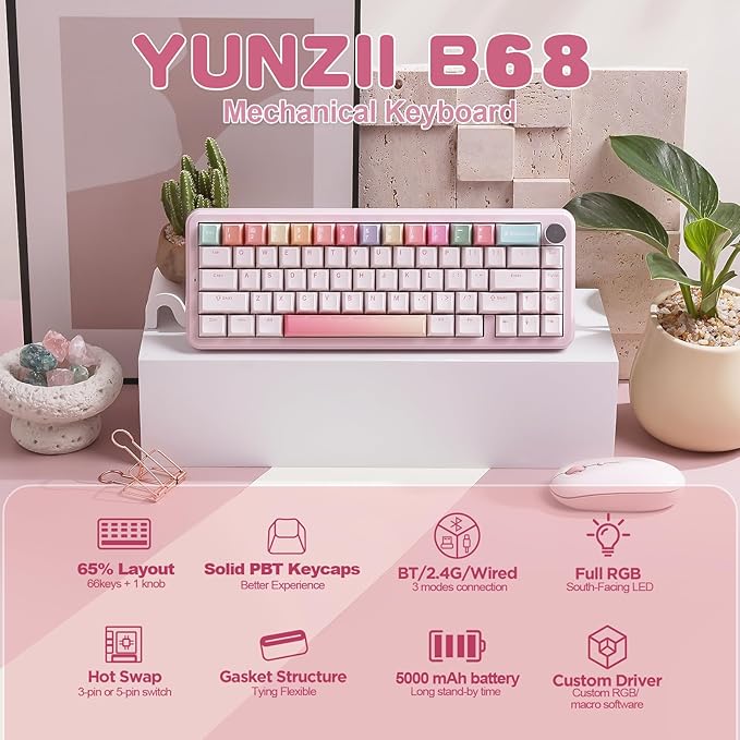 YUNZII B68 Wireless Mechanical Keyboard,Tri-Mode BT5.0/2.4GHz/USB-C,Cute PBT Keycaps,Hot Swappable Creamy Typing Gasket Mounted,RGB Backlit NKRO for Win/Mac (Pink, Milk V2 Switch)