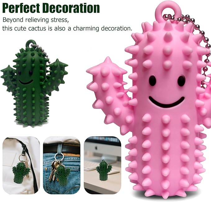 Pain Fidget Toys for Adults, Spiky Silicone Sensory Tool for Anxiety Relief - Acupressure Cactus for Deep Pressure Stimulation & Focus, Silent Portable Stress Keychain, Easy to Clean (Green+Pink)