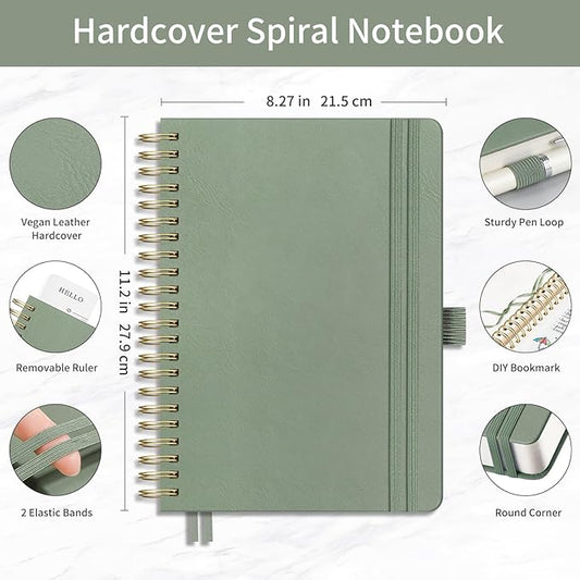 EMSHOI Bullet Dotted Journal Spiral Notebook - 300 Pages, A4 Hardcover Leather, 100 GSM Thick Dot Grid Notebook for Women Men Work Writing, Bullet Journaling, Drawing, 8.27" x 11.2", Light Green