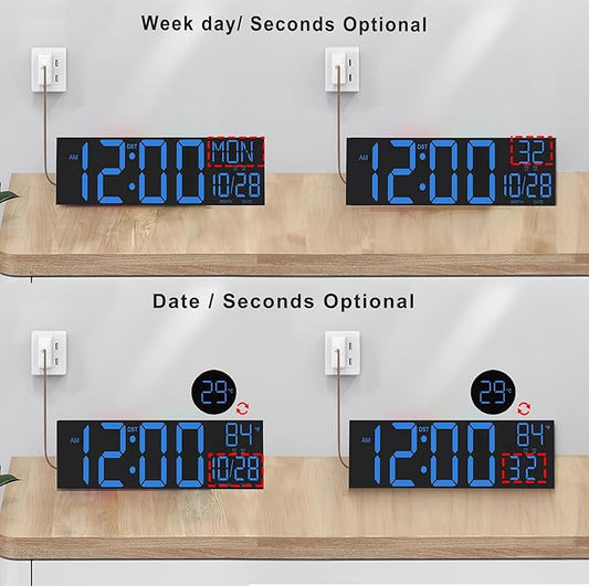 JALL 30" Large Digital Wall Mount Clock with Remote Control, Alarm, Big LED, Countdown, Auto DST, Temperature for Living Room Classroom Desk, Xmas, Birthday Gift for Senior Men Women Mom Dad, Blue