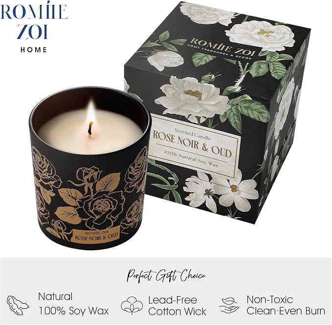 Scented Candle - Rose Noir & Oud- 6oz Aromatherapy Soy Wax Jar Candle for Home, Gifts for Women - 170g