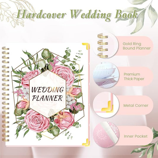 Wedding Planner For Bride-Bridal Wedding Planning binder With 5 Tabbed Sections+Wedding Countdown Calendar,Unique Engagement Gifts For Couples,White Rose