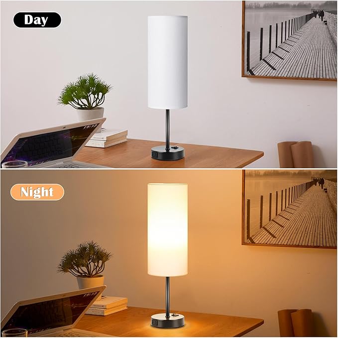 ZJOJO Table Lamp for Bedroom 2 Pack,18in Bedside Lamps with 3 Way Dimmable Rocker Switch & AC Outlet,Nightstand Desk Lamp with White Fabric Shade Black Basee for Living Room Home Decor Lights