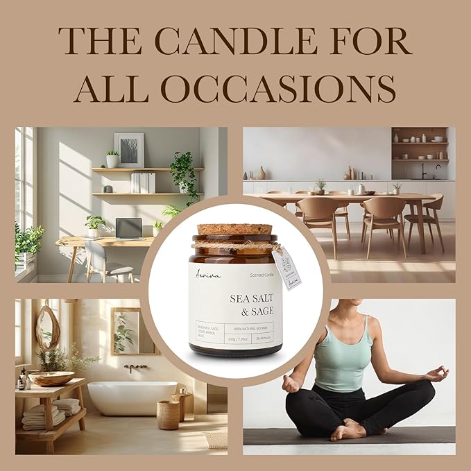 Scented Candle, 7.05 oz Sea Salt & Sage Aromatherapy Candle, Natural Soy Wax with Wooden Wick, Candles for Home Scented, Stress Relief Amber Jar Candle Gifts