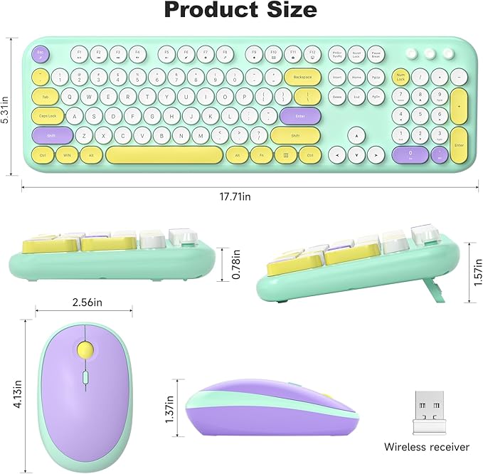 Wireless Keyboard and Mouse Combo, MOWUX Full Size Typewriter Retro Round Computer Keyboard, Cute Optical Mouse Wireless, Plug and Play, for Laptop, PC, Computer- Daydream Mint