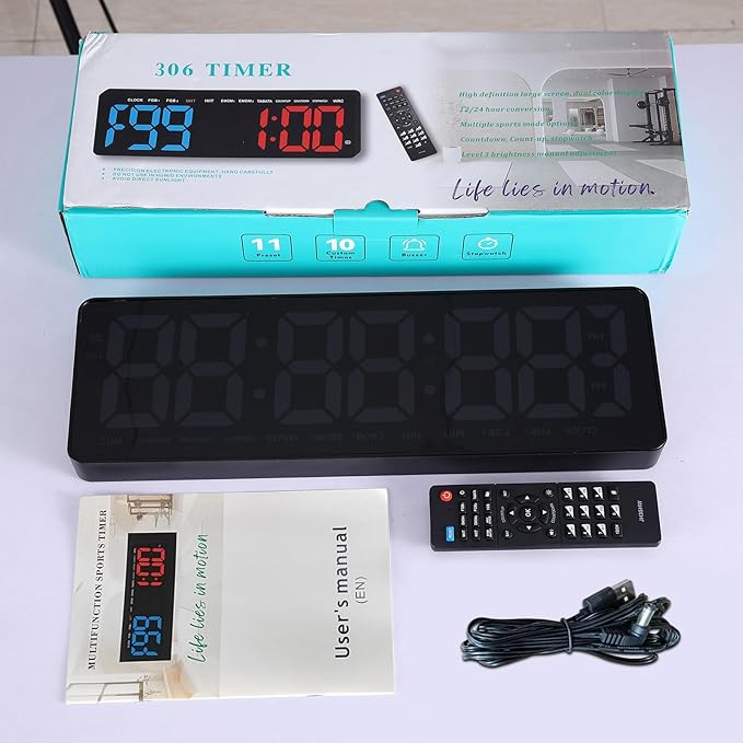 13" Gym Timer Clock, Workout Interval Timer with Remote Control, Count Down & Up Stopwatch, Adjustable Brightness, Large LED Digital Display, Fitness Digital Clock for Home/Garage/Boxing
