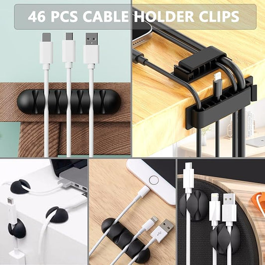 ELII 300PCS Cable Management Kit,4 Cable Sleeve 35 Cable Clips with 11Cord Holders,20 Roll Cable Organizer Straps and 200 Fastening Cable Ties,20 Cable Zip Tie Mounts for Computer TV Under Desk