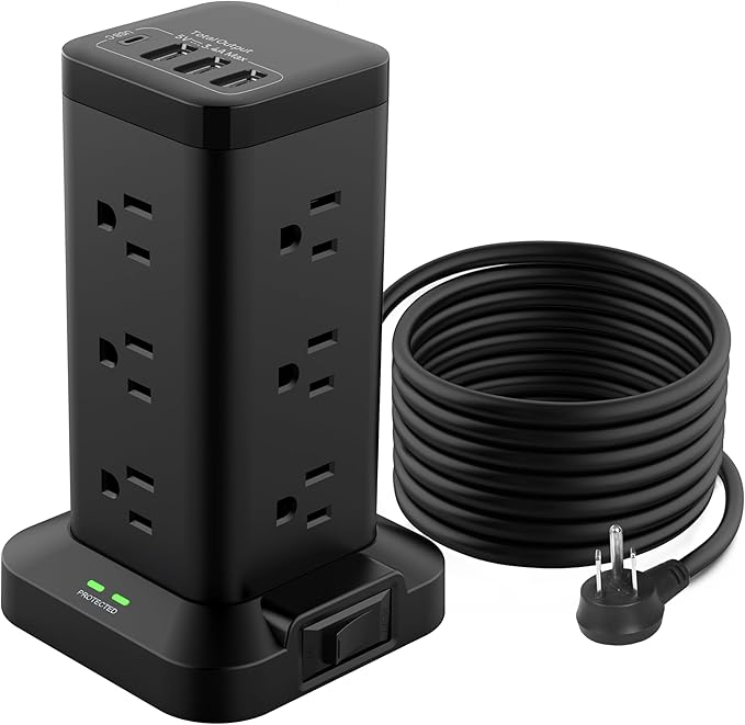BEVA Power Strip Tower with USB Ports, 6.5 FT Surge Protector Power Tower, 12 AC and 4 USB Ports, 6.5 FT Extension Cord with Multiple Outlets, Office Supplies Office Organization (Black)