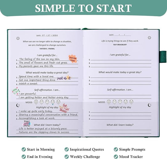 Gratitude Journal with 4 Inspirational Stickers: Undated Daily Gratitude Journal for Women and Men - More Happiness, Affirmation, and Mindfulness in A Few Minutes with Prompts & Quotes (Green)