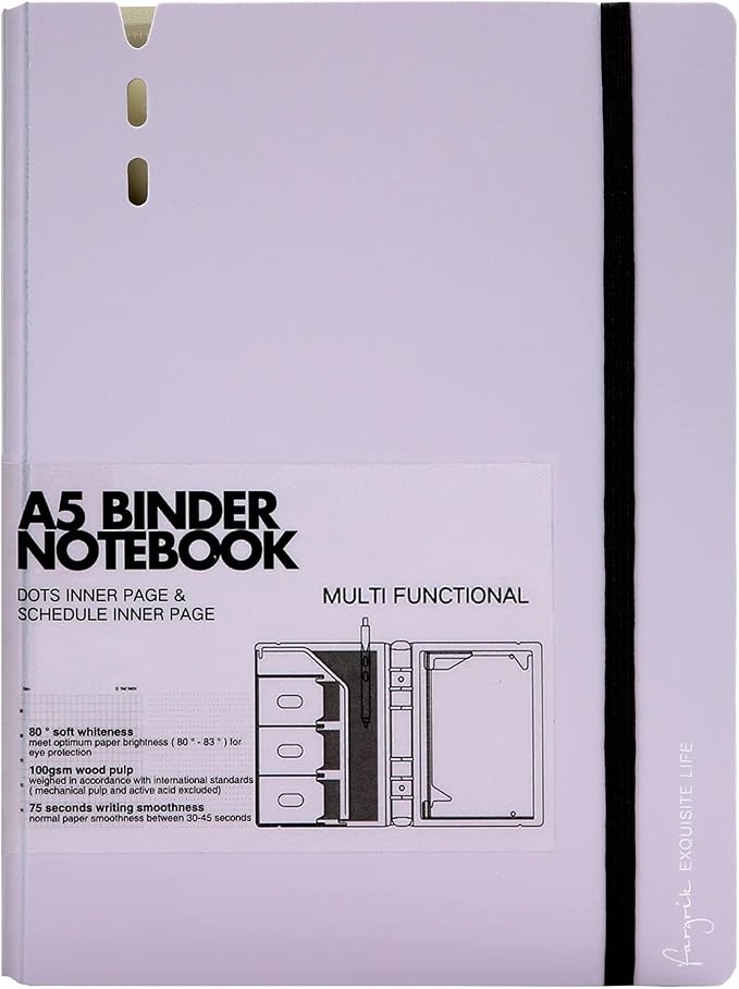 CAGIE A5 Binder 6 Ring Notebook with Dividers Refillable Planner Binder with Pockets, Refill Paper Include Planning Square Ruled and Dotted Pages, 6.89 x 9.25 In, (Purple, A5 Daily&Dot Page)