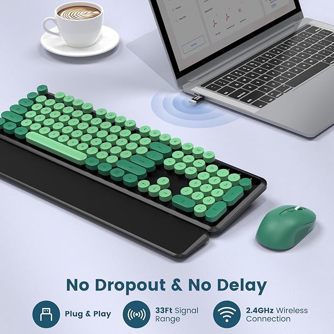 Wireless Keyboard and Mouse Combo-Round Keycaps, Full-Size Retro Typewriter Keyboard with Detachable Wrist Rest, Sleep Mode & Tilt Legs, 2.4GHz Cordless Connection for Mac/Windows/PC (Black & Green)