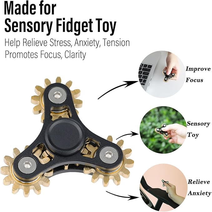 FREELOVE Gear Metal Fidget Spinner Toys for Adults, Small Mini Tiny Pockget Figette, Bike Chain, Copper Brass Hands Gyro, Quiet Silent Cool Cube for Anxiety Men (4 Gears Linkage, Black-Brass)
