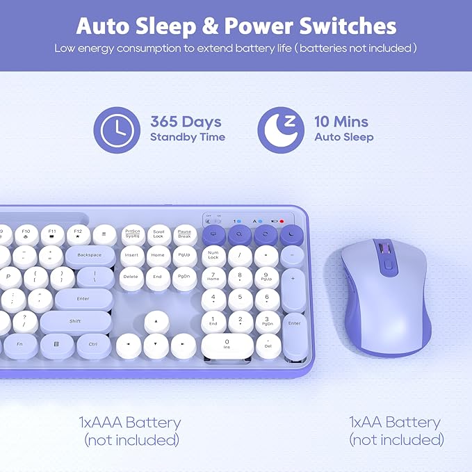Wireless Keyboard and Mouse Combo, Retro Round Keycaps, Cute Full-Size Typewriter Keyboard with Phone Holder, Sleep Mode, Click Soft, 2.4GHz Cordless Connection for Windows/PC/Laptop (Purple-Colorful)