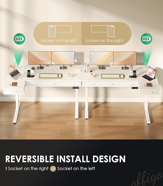 OffiGo 63 Inch L Shaped Electric Standing Desk with Drawers, Height Adjustable Large Desk with Power Outlets, Sit Stand Table, Writing Computer Desk for Home, Office, Workstation,White