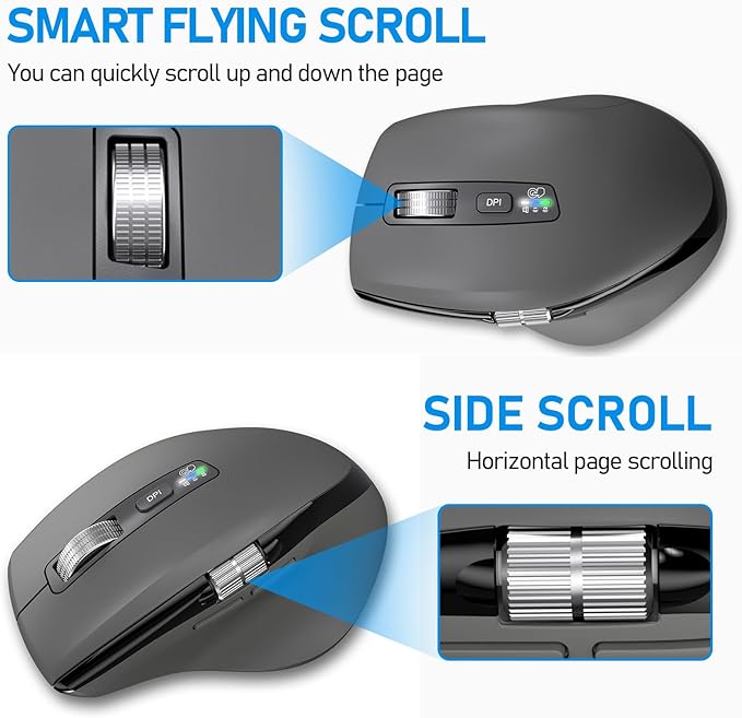 Wireless Side Scroll Mouse with Multi-Device, Ergonomic Computer Mice with Smart Flying Scroll, Quiet Click for Computer, Laptop, iPad, Tablet, MacBook (Grey)