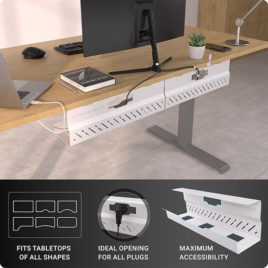 Under Desk Cable Management Tray no Drill – Wire Management - Cord Organizer – Huge Load Capacity – Under Desk Cable Tray no Drill (White, 2 Pieces Set)