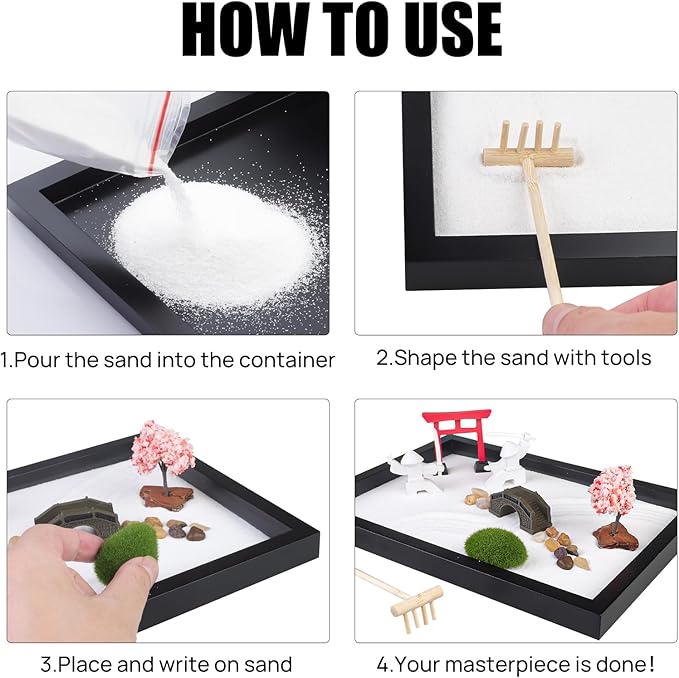 Japanese Zen Garden for Desk - Sakura Tree Samurai 12" x 8" Desktop Mini Zen Garden with White Sand Artificial Bonsai Tree Rocks Rakes & Accessories - Meditation Zen Gifts Office Decor