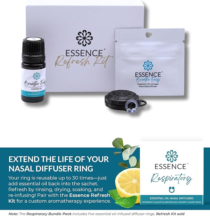 Essence Nasal Diffuser Respiratory Bundle – Essential Oil Silicone Nose Rings for Sinus Relief, Congestion & Seasonal Breathing Support – Wearable Aromatherapy for Cold & Allergy Symptoms
