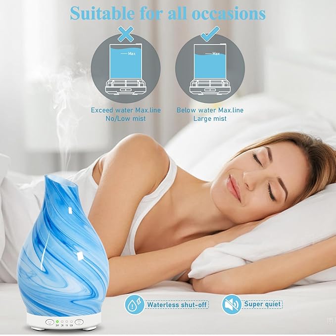 Essential Oil Diffuser & Essential Oils Set - Glass Ultrasonic Aromatherapy Diffuser with 6 Essential Oils Set, Oil Diffuser 7 Color Changing Light Quiet 4Timer Waterless Auto-Off for Home Office