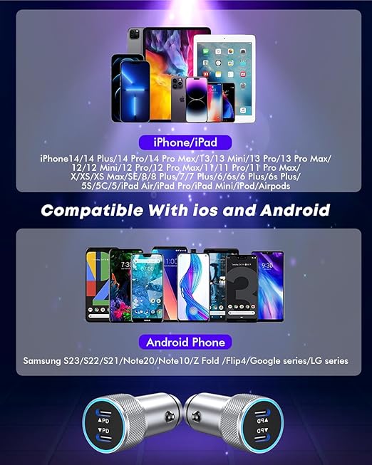 iPhone 15 Charger Car Adapter,2Pack Super Fast PD Dual Port Type C Car Charger Adapter Metal Mini Cigarette Lighter USB C iPhone 15 Charging Cable for iPhone 15/14/13/12/11/Samsung Galaxy S23/S22/iPad
