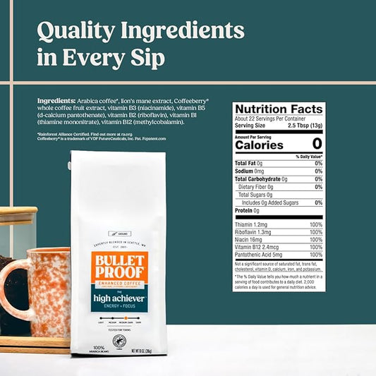 Bulletproof The High Achiever Ground Mushroom Coffee, 10oz, High Caffeine with Lion's Mane, B Vitamins and Adaptogens for Energy & Focus, Medium-Dark Roast