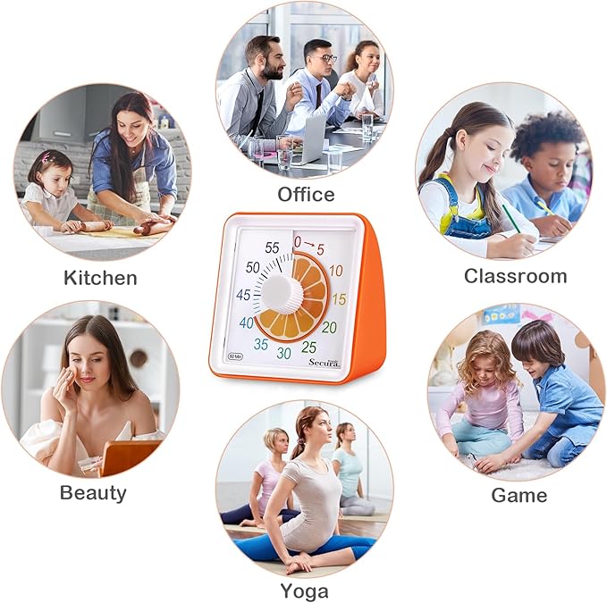 Secura 60-Minute Visual Countdown Timer for Kids & Adults, Classroom Time Management Tool (Orange)