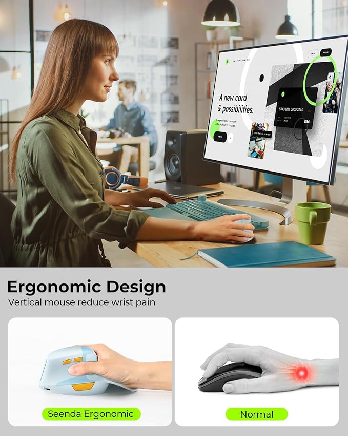 seenda Ergonomic Mouse Rechargeable, 2.4G USB & Type C Vertical Wireless Ergo Mouse with Instant Desktop Return Key, Quiet Click, Palm Rest, Anti-Slip Optical Mice for Mac OS, Windows, Blue