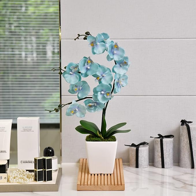 15 Inches Tall Artificial Silk Phalaenopsis Orchid Flower Plant Pot Teal Arrangements (Golden Blue)
