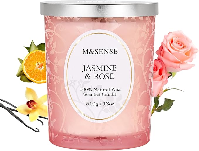M&SENSE Jasmine Rose Candle, Wooden Wick Heavy Scented Candle, 100 Hours Long Burning No Toxin Natural Soy Wax 18oz, Stress Relief Romance Relax Home Fragrance,Housewarming Gifts for Her Him