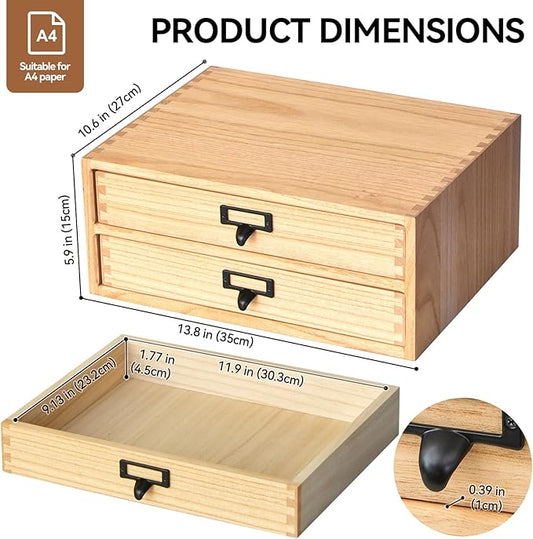 Kirigen Natural Wood Desktop Storage Cabinet -Shallow Type Drawers - Fax Stand with metal handle - Small File organizer Size 13.78"L*10.6"W*5.9"H(NA, 2-Layer &2 Drawers)