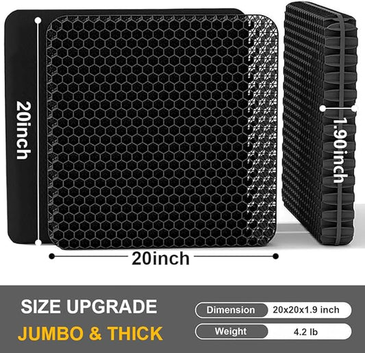 Gel Seat Cushion, Jumbo&Thick Gel Cushion with Non-Slip Cover for Home Office Car Seat Wheelchair, Soft Breathable Honeycomb Chair Pads for Relieve Hip Pain, Black 20x20x1.9inch