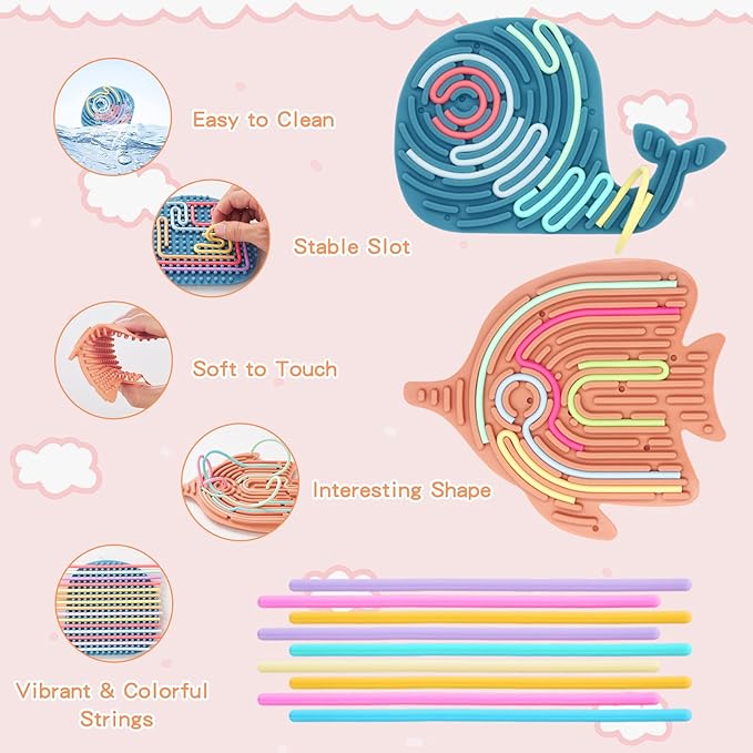 2 Pack Double-Sided Silicone Sensory Fidget Toy with 20 Random-Color Strings, Sensory Activity Board for Kids and Adults with Autism, ADHD, Silent, Stress Relief, Calming, Focus, Gift for Girls Boys