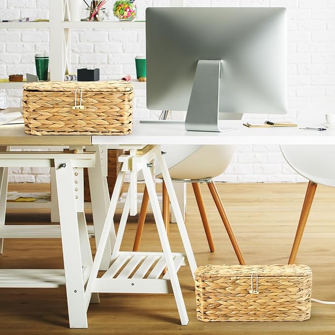 2 Pack Wicker Cable Management Box with Lid, Rattan Cord Organizer Cable Hider Storage Box with 2 Open Slots for Home Office Desk Cord Hider Computer TV Wires USB Hub