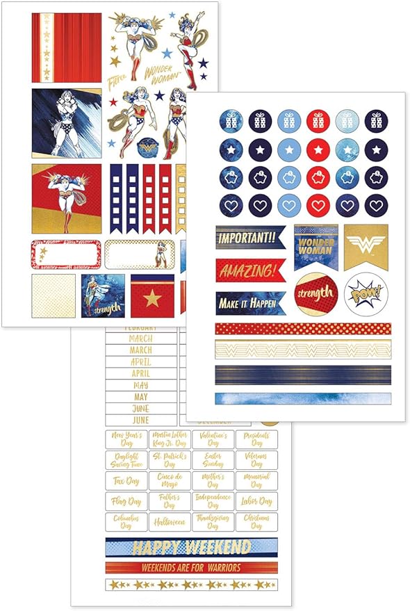Paper House Productions DC Comics Wonder Woman 12 Month Undated 7.5" Planner with Month and Event Flag Stickers - Logo on Red