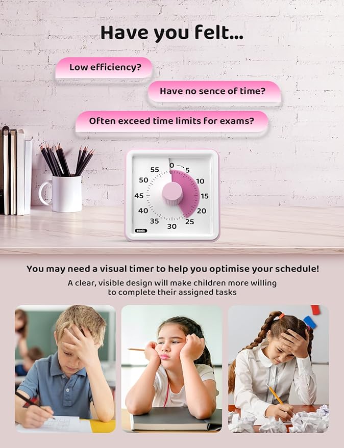 LIORQUE Visual Timer for Kids, 60-Minute Countdown Timers for Classroom Office Kitchen with Silent Operation, Kids Timer for Teaching (Batteries Included)