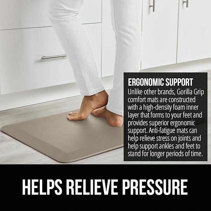 GORILLA GRIP Comfortable Cushioned Kitchen Mats for Floor, Waterproof and Stain Resistant Soft Top, 3/4 Inch Thick Ergonomic Standing Desk Anti Fatigue Mat, Foam Supports Ankles and Feet, 17x24, Taupe
