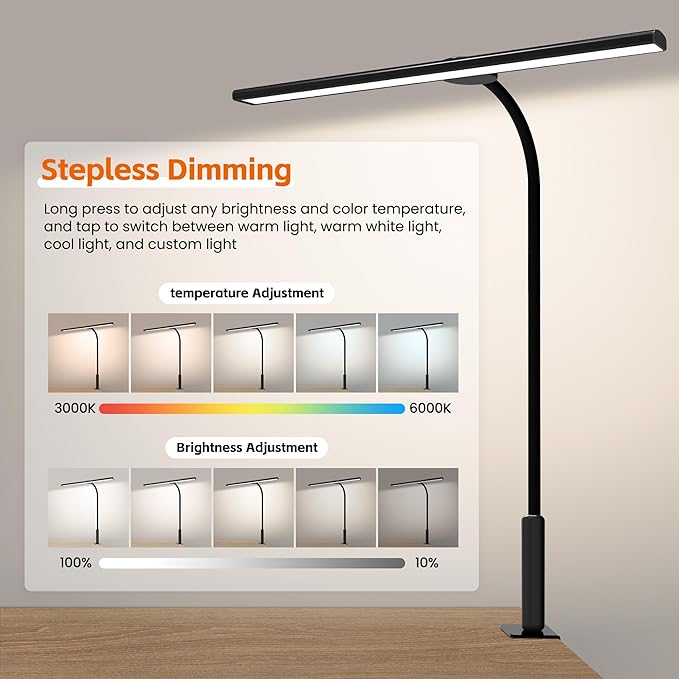 LED Desk Lamp with Clamp, Eye-Caring Adjustable Brightness, 3 Lighting Modes, Touch & Remote Control Clip Light for Home Office, Study, Computer Work, Reading, Puzzle, Task (Black)
