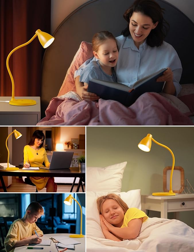 BOHON LED Desk Lamp with USB C+A Charging Ports Wireless Charger, 5 Colors Stepless Dimming Touch Reading Light, Flexible Gooseneck Lamp for Home Office Bedside Table College Dorm Room, Bright Yellow